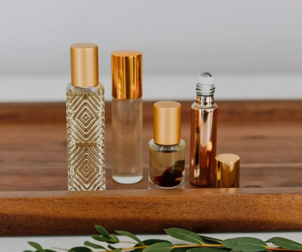a group of glass perfume bottles