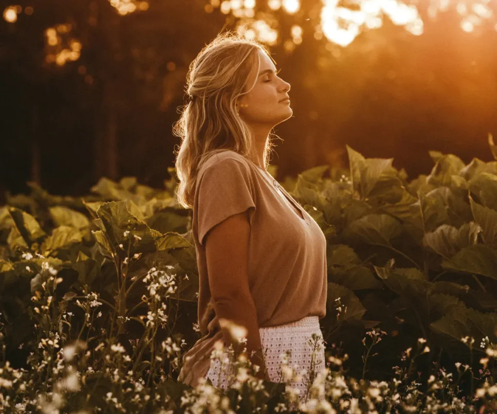 woman inhale in sunset