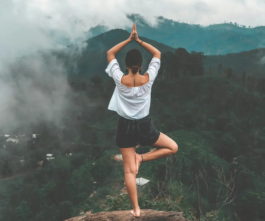 woman standing on rock facing forest