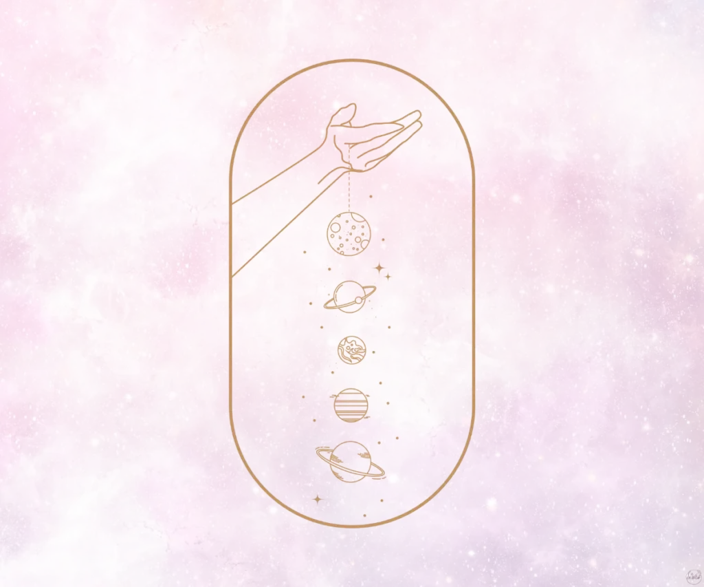 An image of a hand and symbols on a rainbow-colored background.
