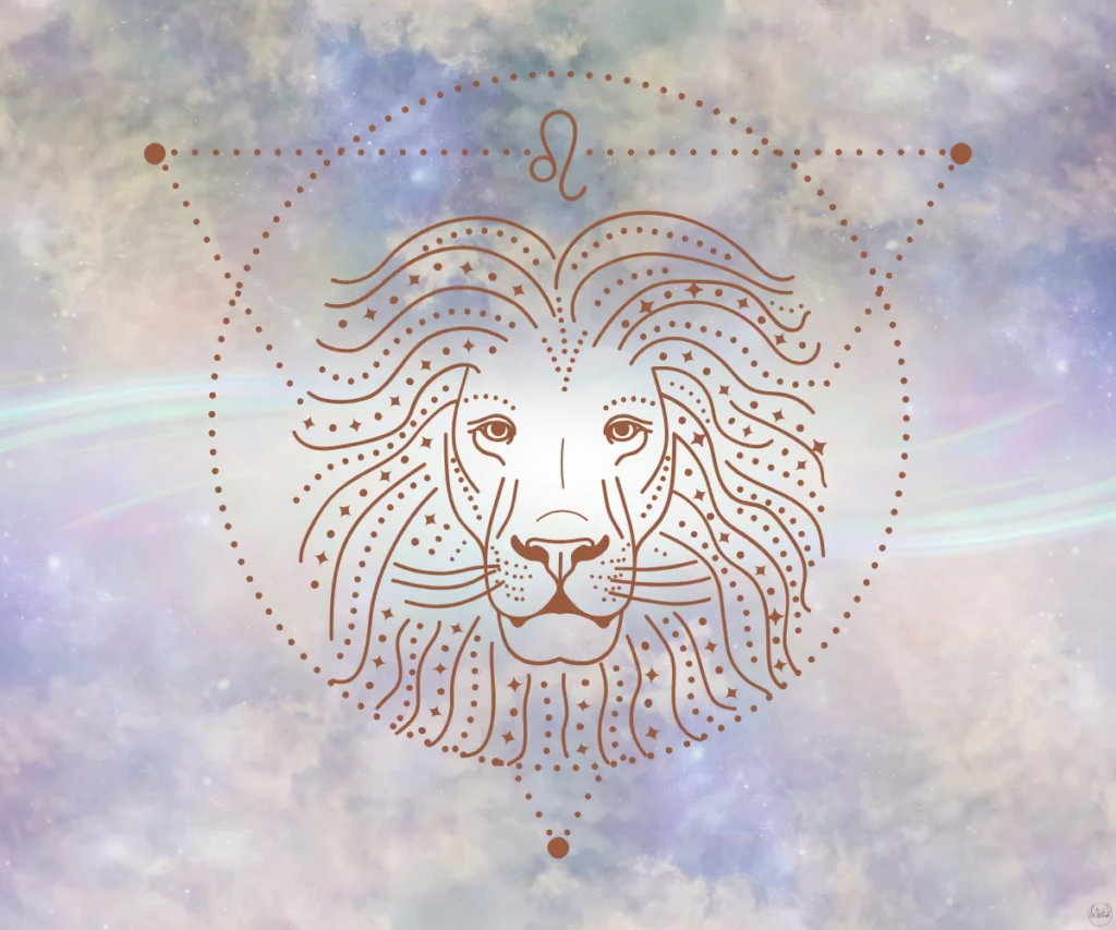 Outline of a lion in line art with a colorful mist in the background.