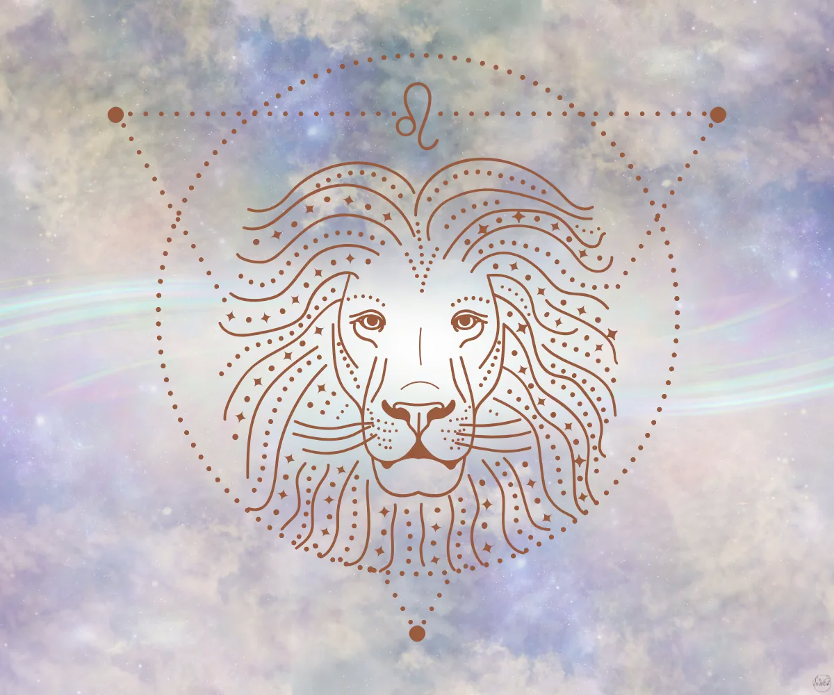 Outline of a lion in line art with a colorful mist in the background.